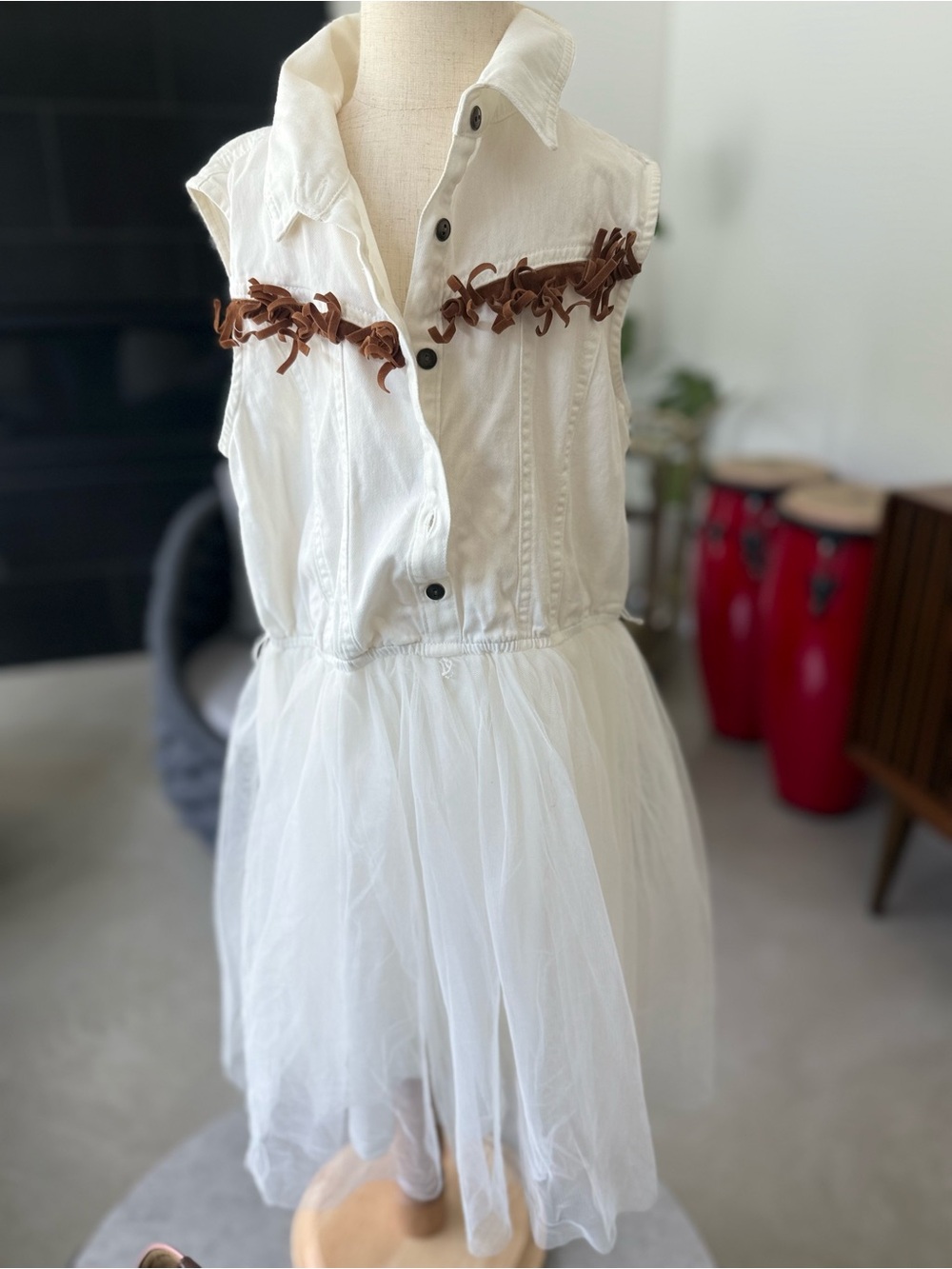 Sugar White western Tulle Dress with Brown Frindge